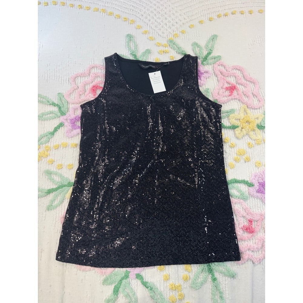 Colleen Lopez Womens Black Sequin Scoop Neck Sleeveless Tank Top Size S 844407
